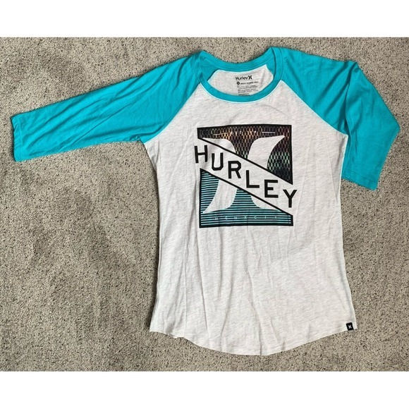 HURLEY Womens? Pullover 3/4 Sleeve‎ Raglan Crewneck Shirt Logo Teal MEDIUM - Picture 1 of 7